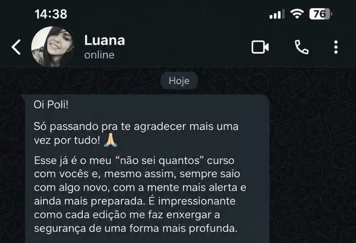 Mensagem de WhatsApp da aluna Luana agradecendo à Poli pelos cursos